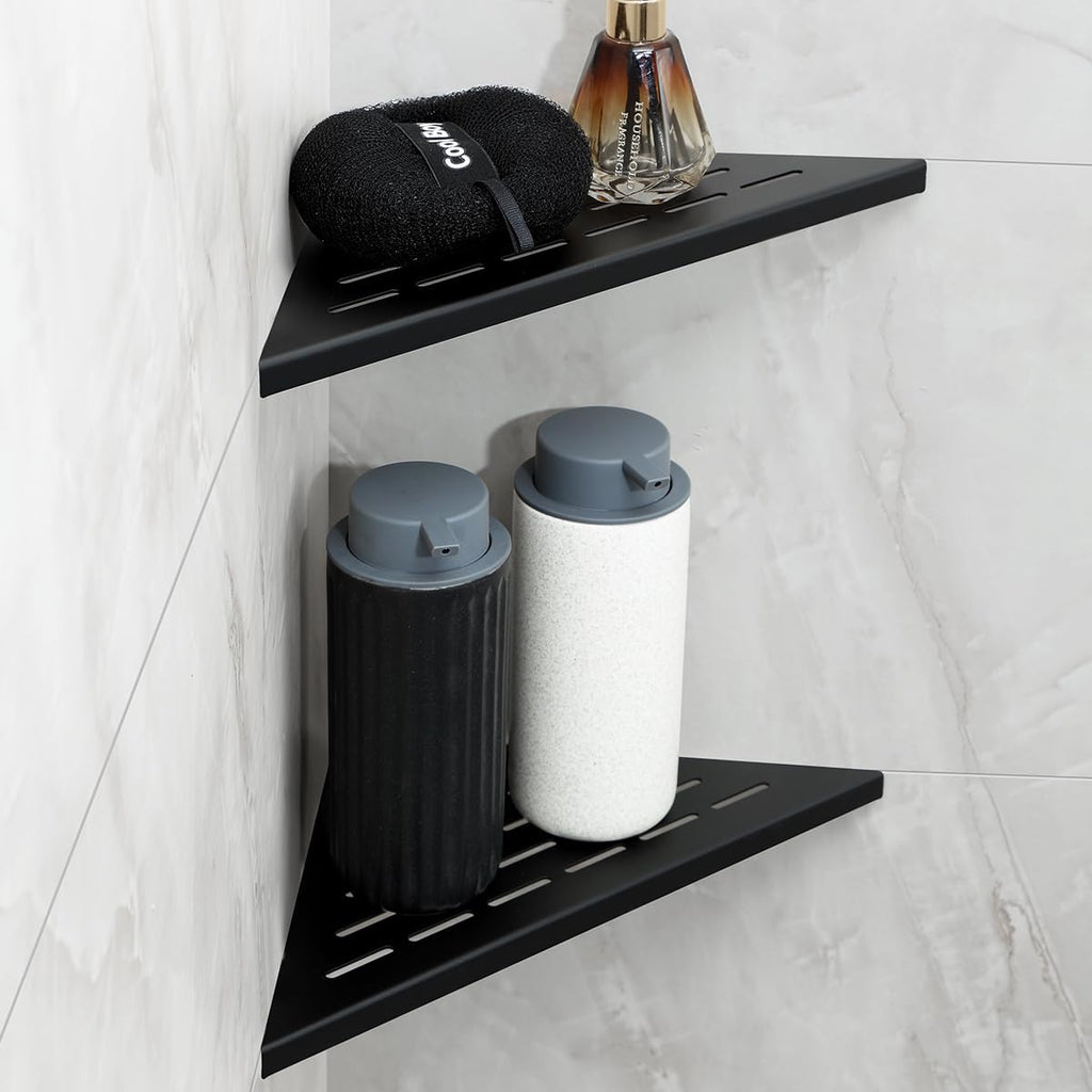 10 Inch No Drilling Corner Shower Shelf Matte Black– 2-Pack Wall Mounted Bathroom Shelves for Inside Shower, Triangular Recessed Shower Caddy, Stainless Steel Shower Organizer for Tiled Walls