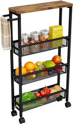 Slim Rolling Cart 4 Tier Narrow Storage Cart on Wheels with MDF Board Top and Metal Handle for Small Space Kitchen Living Room Home Office Pantry Bathroom Laundry Room(16.54×5.12×30.31 inch)