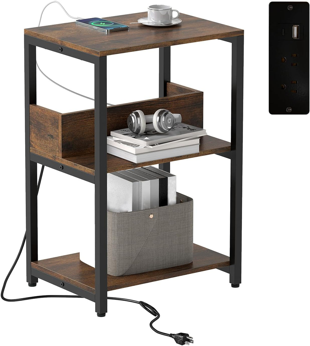 Giantex Side Table with Charging Station - Industrial 3-Tier Bedside Table w/...