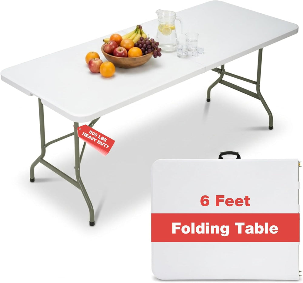 Folding Table 6ft, Heavy-Duty 500lbs Weight Capacity Foldable Table with HDPE...
