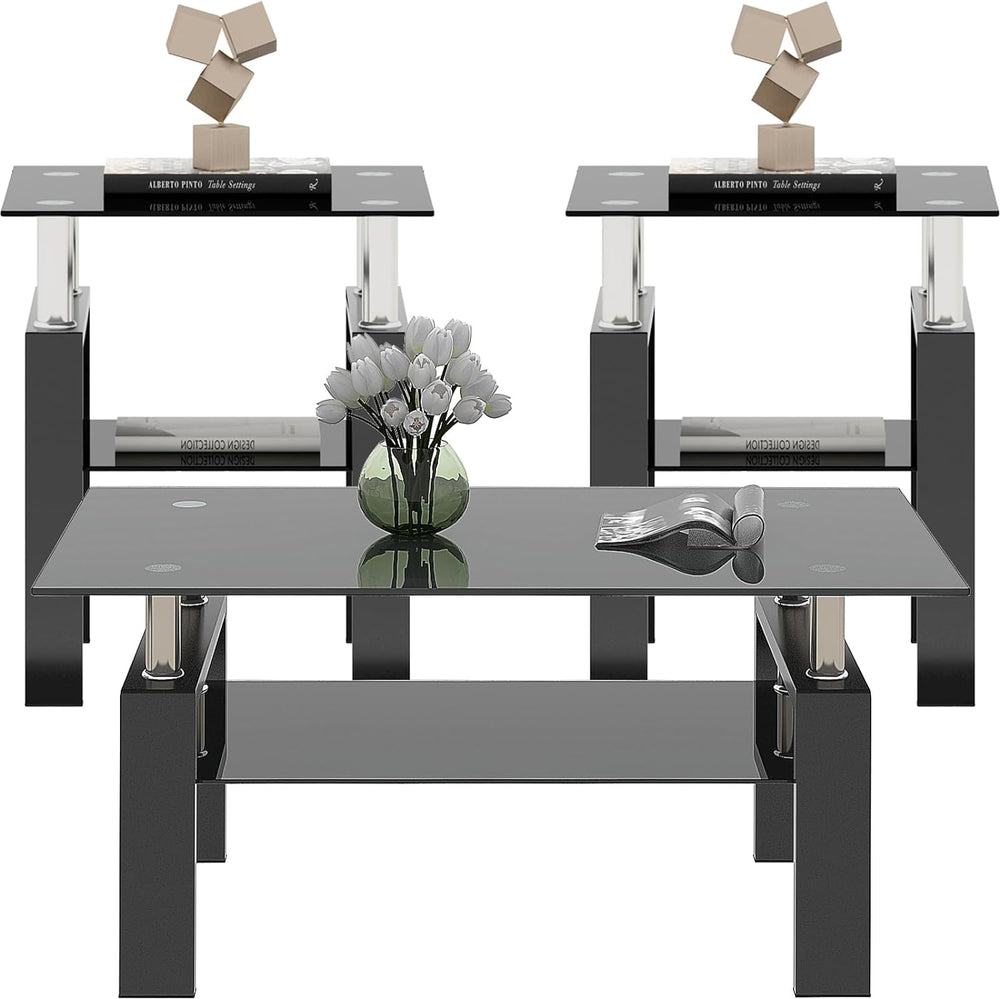 Black Glass Coffee Table Set of 3 Piece, Living Room Tables Set of 3 Pcs, Inc...