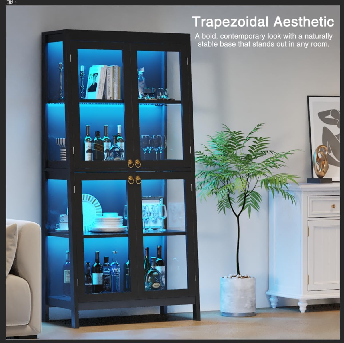 Saudism Display Cabinet with Glass Doors, 4-Tier Curio Cabinet with LED Lights, 60,000 Color Lights for Collectibles, Glass Display Case with App Control, Bookcase, Storage Cabinet, Black