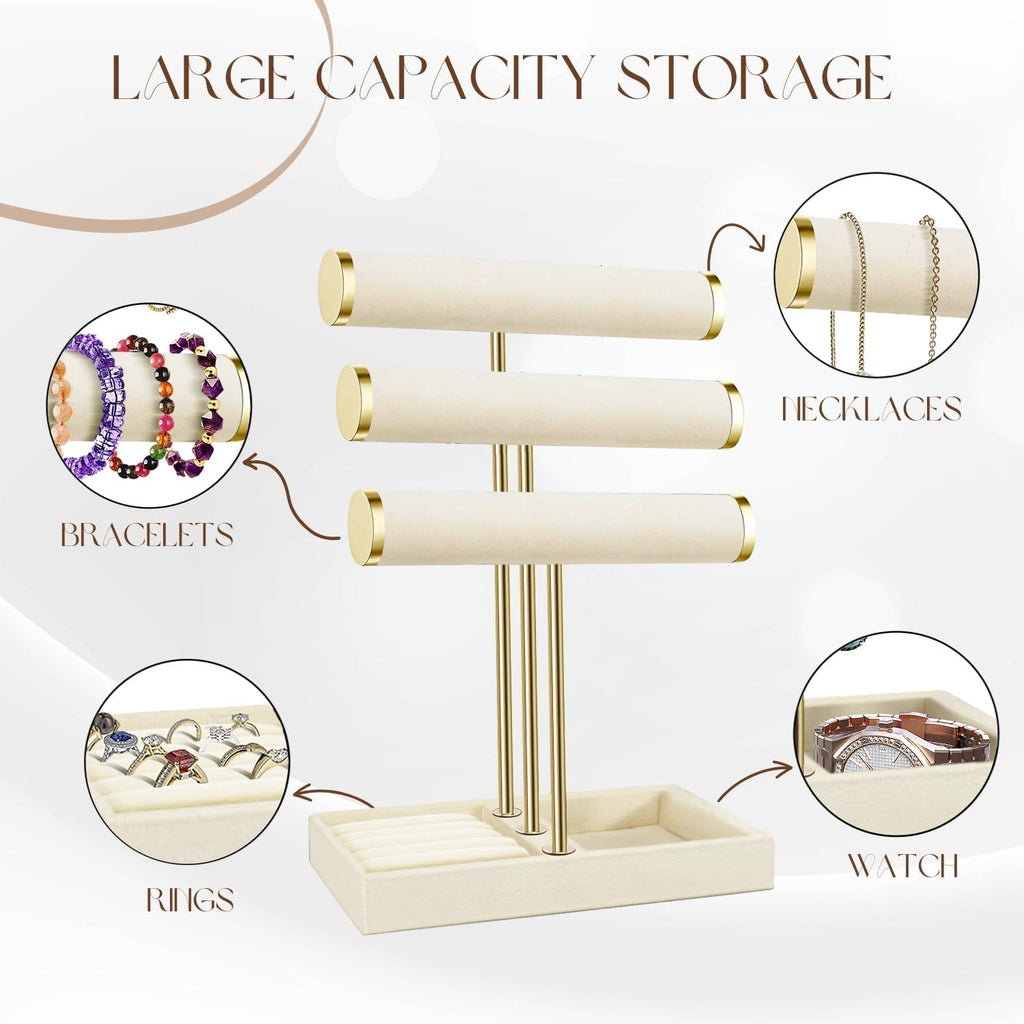 Flexzion 3 Tier Bracelet Holder Display Stand - Beige Velvet Bracelet Holder Organizer with Detachable T Bar - Jewelry Display Stand for Bracelets, Bangles, Necklace, Watches, Rings