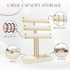 Flexzion 3 Tier Bracelet Holder Display Stand - Beige Velvet Bracelet Holder Organizer with Detachable T Bar - Jewelry Display Stand for Bracelets, Bangles, Necklace, Watches, Rings