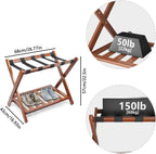 Smuxee Fully Assembled Walnut Luggage Rack, Upgraded Bamboo Foldable Suitcase Stand with 5 Nylon Straps, Luggage Holder with Shelf for Guest Room Bedroom Hotel