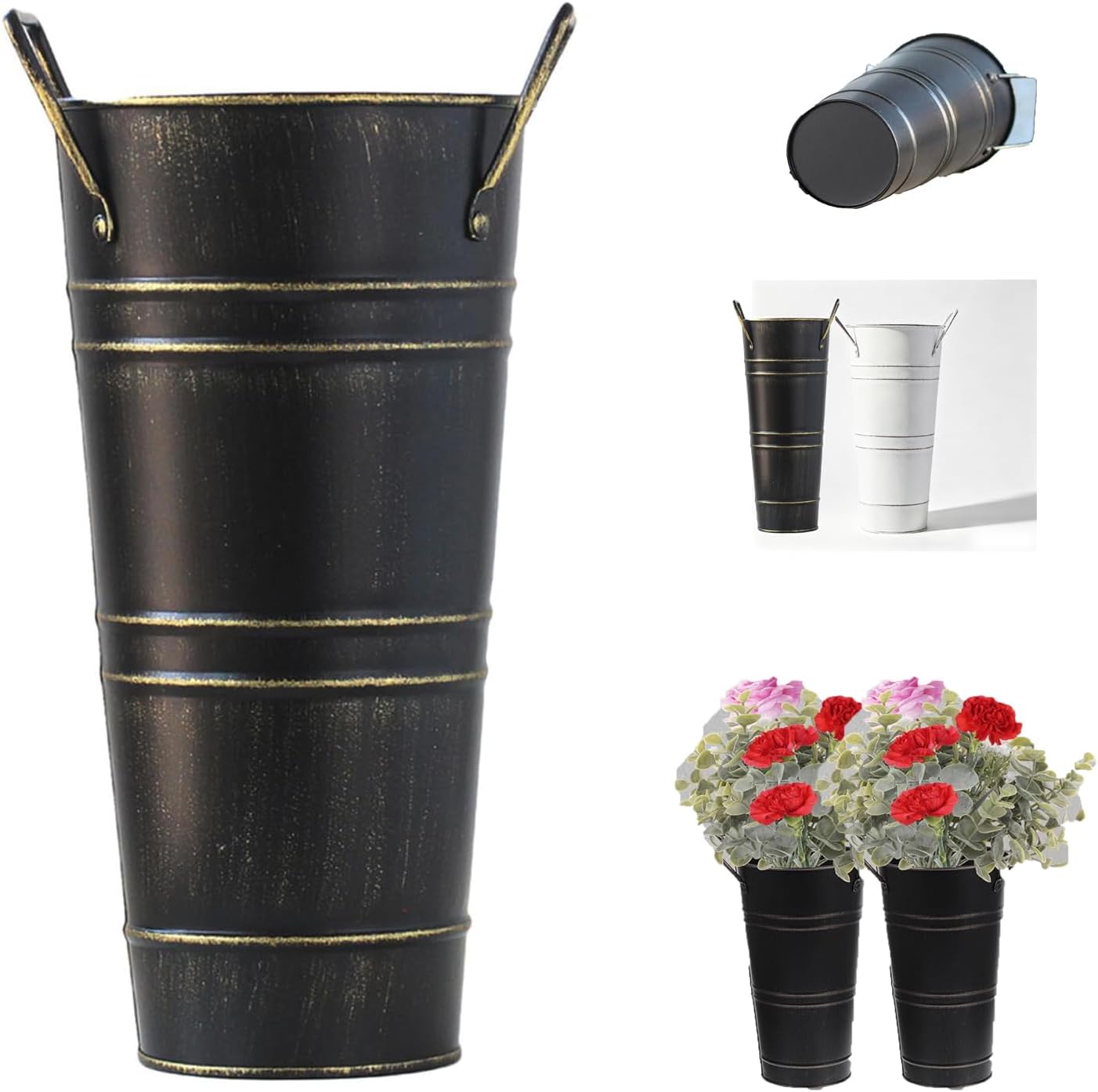 Rustic Metal Umbrella Stand Holder, Freestanding Bucket for Canes and Walking Sticks, Heavy Duty Entryway Storage Rack Floor Vase (Black)