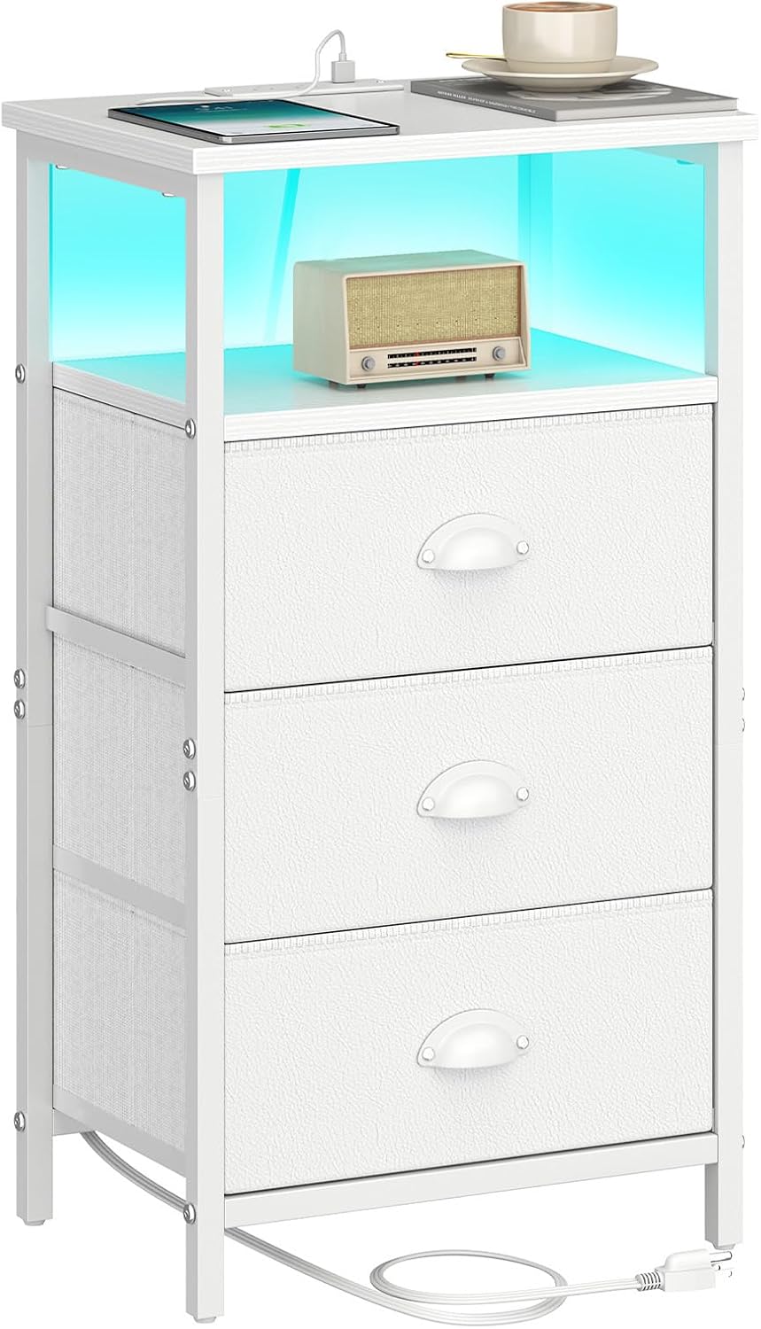 sthmec Nightstand with Charging Station,LED White Nightstand with 3 Fabric Dr...