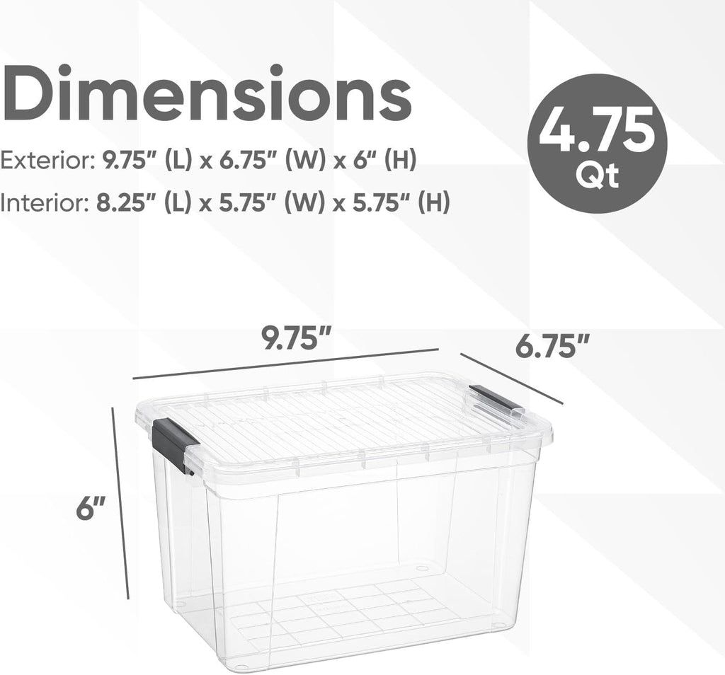Superio Storage Bins with Lids- 6 Pack, 4.75 Qt Clear Boxes for Organizing, Stackable Plastic Containers- BPA Free, Non-Toxic, Odor Free, Organizer for Home, Office, Dorm