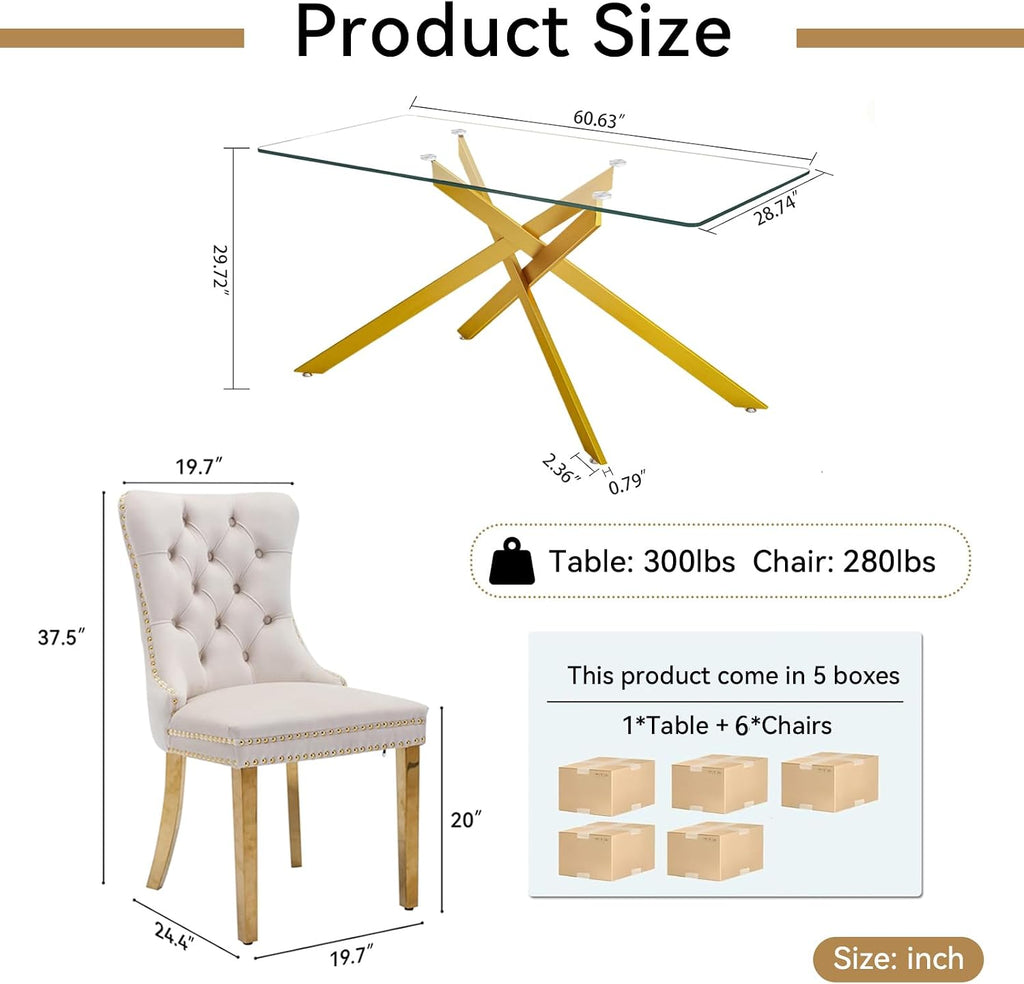 7 Piece Glass Dining Table Set Modern Glass Dining Table Set for 6, 61" Rectangular Gold Kitchen Table and 6 Velvet Upholstered Chairs, Gold Table & Beige Chair
