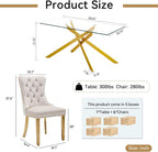 7 Piece Glass Dining Table Set Modern Glass Dining Table Set for 6, 61" Rectangular Gold Kitchen Table and 6 Velvet Upholstered Chairs, Gold Table & Beige Chair