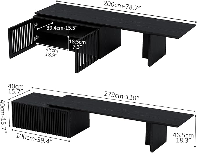XEW Extendable TV Stand with Storage and Shelves, Wood Entertainment Center for 55+ Inch TV, Modern TV Console, Minimalist Media Console for Living Room, Bedroom-Black (Extendable: 78.7"-110")