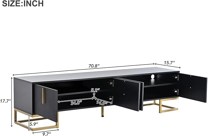 Ball & Cast Modern TV Stand with Storage Cabinets for TVs up to 80", Luxury Media Console w/Metal Legs & Gold Handles,Geometric Lines & Adjustable Shelf,Entertainment Center for Living Room,Black