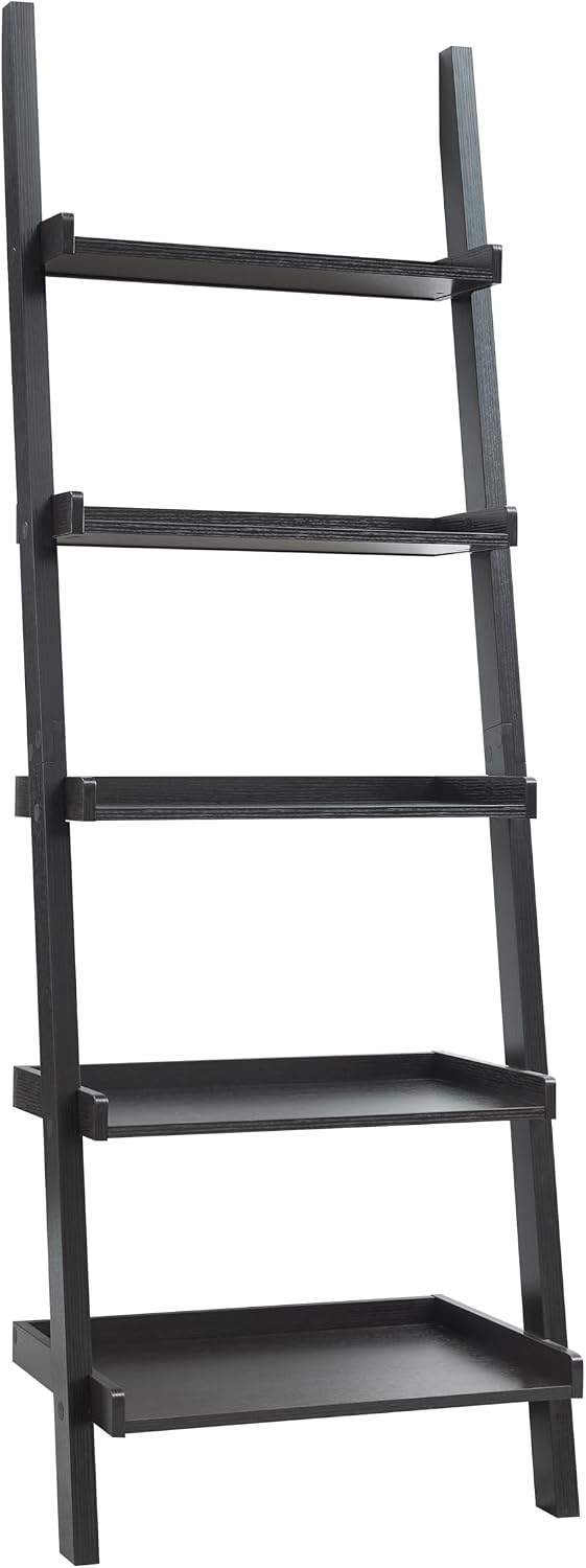5-Tier Leaning Bookcase, 72" Wooden Narrow Ladder Shelf with 3 Sided Surround Baffle, Leaning Wall Organizer Storage Shelves for Living Room, Bedroom, Home Office (Espresso-01)