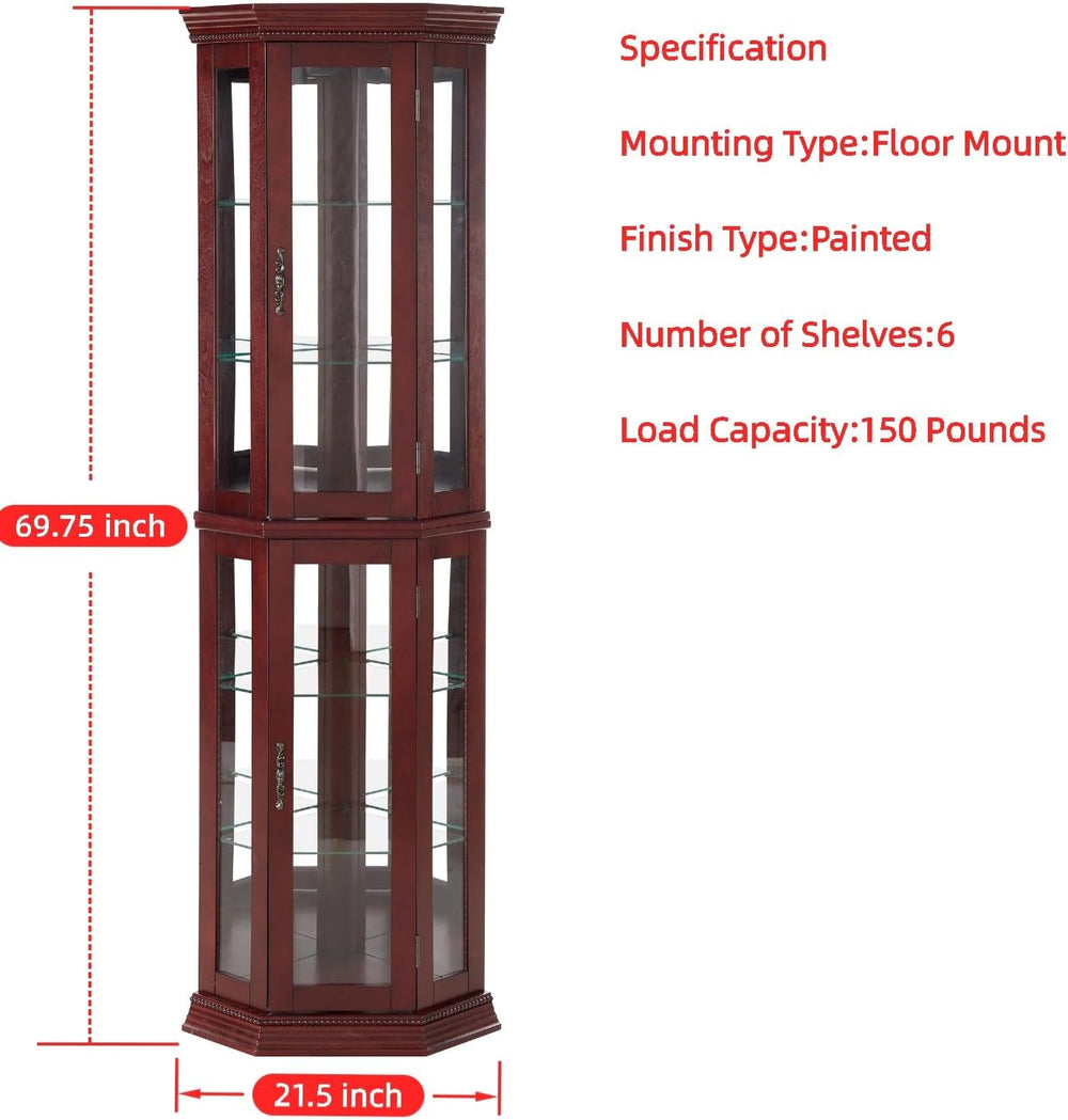 Lighted Corner Curio Cabinet, 69.75" Tall Corner Display Cabinet with Ad...