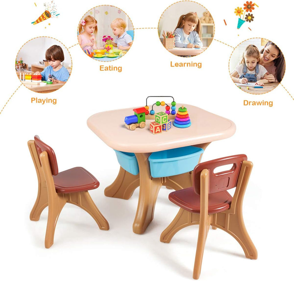 Costzon Kids Table and Chairs, 3 PCS Activity Desk Set w/ 4 Detachable Storage Bins for Indoor Outdoor Play Art Crafts Picnic Patio, Lightweight Toddler Table and Chair Set (Coffee & Blue)