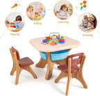 Costzon Kids Table and Chairs, 3 PCS Activity Desk Set w/ 4 Detachable Storage Bins for Indoor Outdoor Play Art Crafts Picnic Patio, Lightweight Toddler Table and Chair Set (Coffee & Blue)