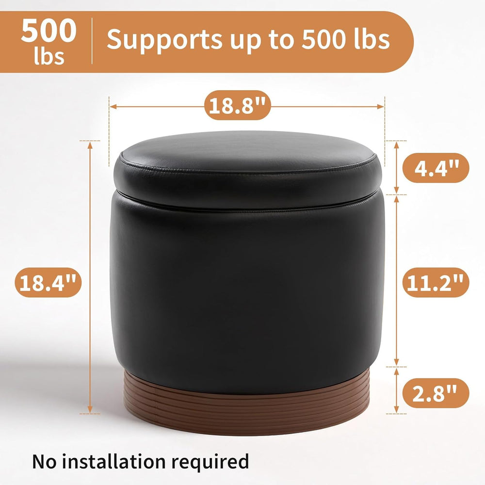 19" Round Swivel Storage Ottoman with Tray Top, Upholstered Faux Leather...