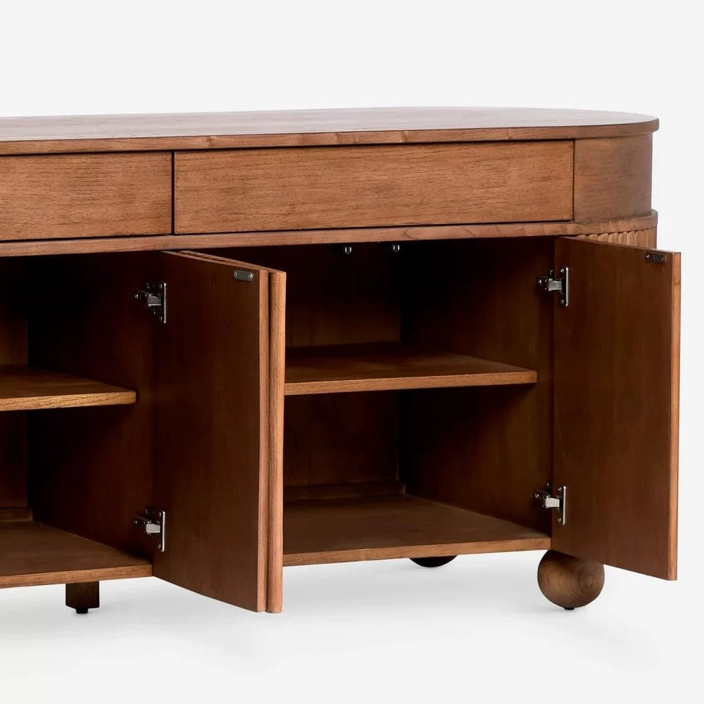 French Mid-Century Curved Fluted Solid Wood Sideboard – Premium Storage Cabin...