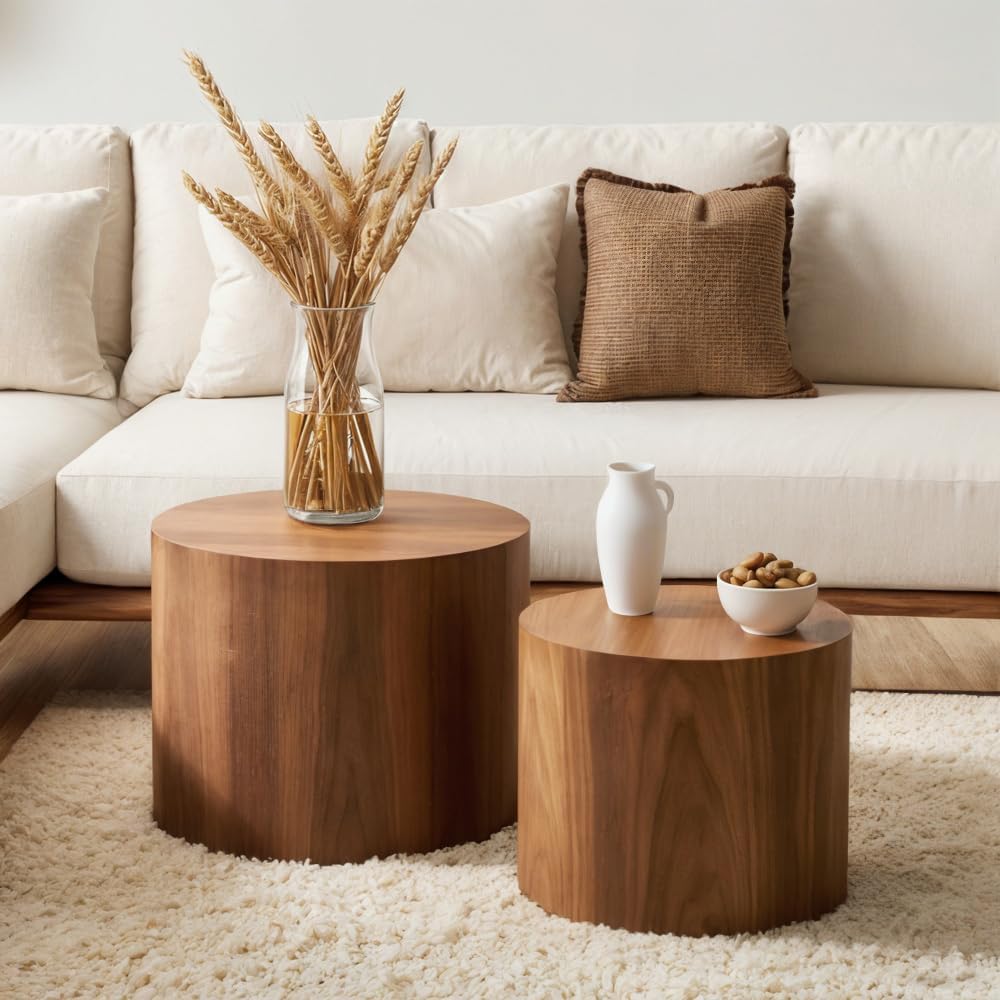 Nesting Coffee Table Set of 2, Modern Round Coffee Table with Non-Slip Feet, ...