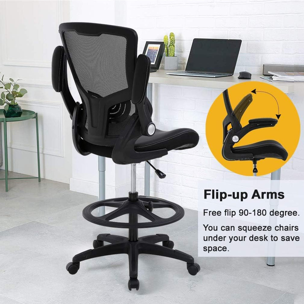 Drafting Chair Tall Office Chair with Lumbar Support Footrest Ring Flip Up Ar...