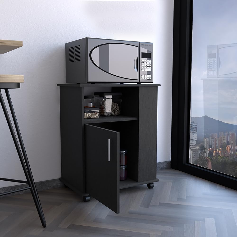 Lower Microwave Cabinet, Black - Compact Kitchen Storage with Open Shelves