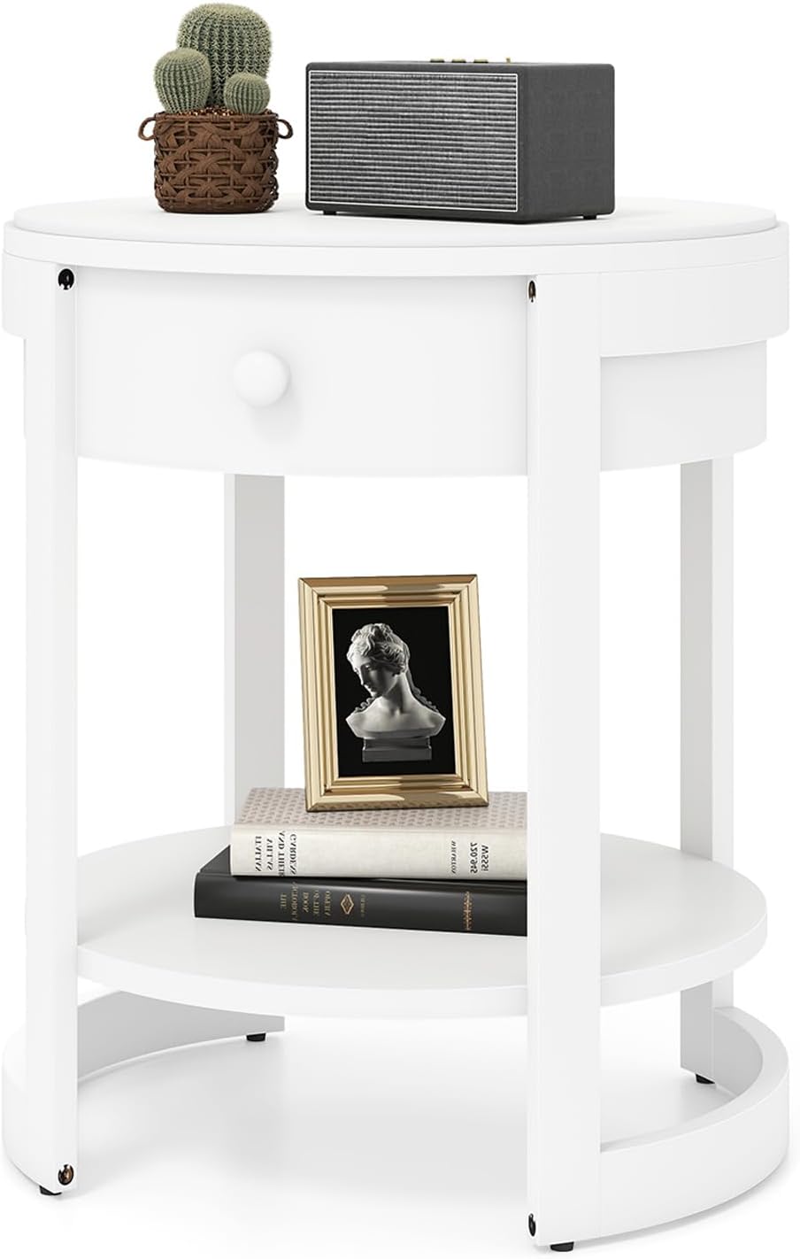 GOFLAME Round Side Table with Drawer, Retro 2-Tier Nightstand with Shelf &amp...