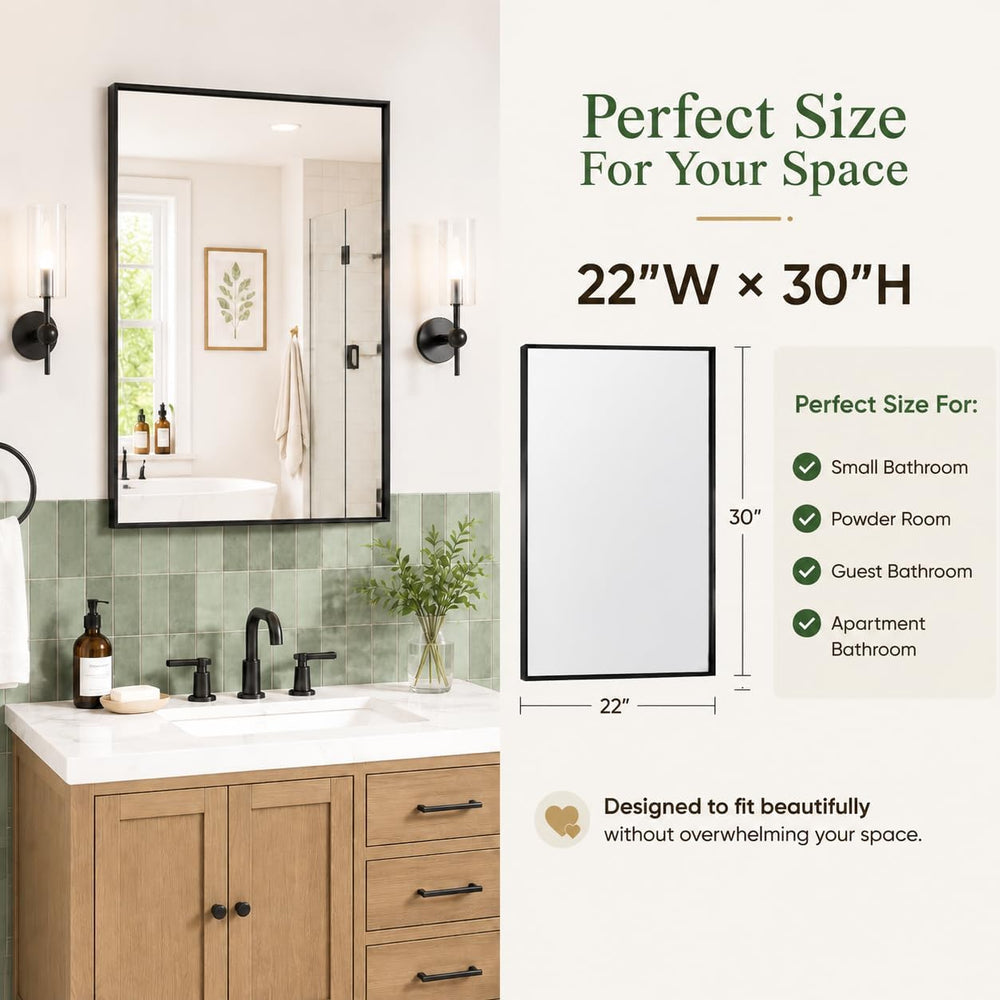 22x30 Inch Black Bathroom Mirror, Rectangular Vanity Mirror