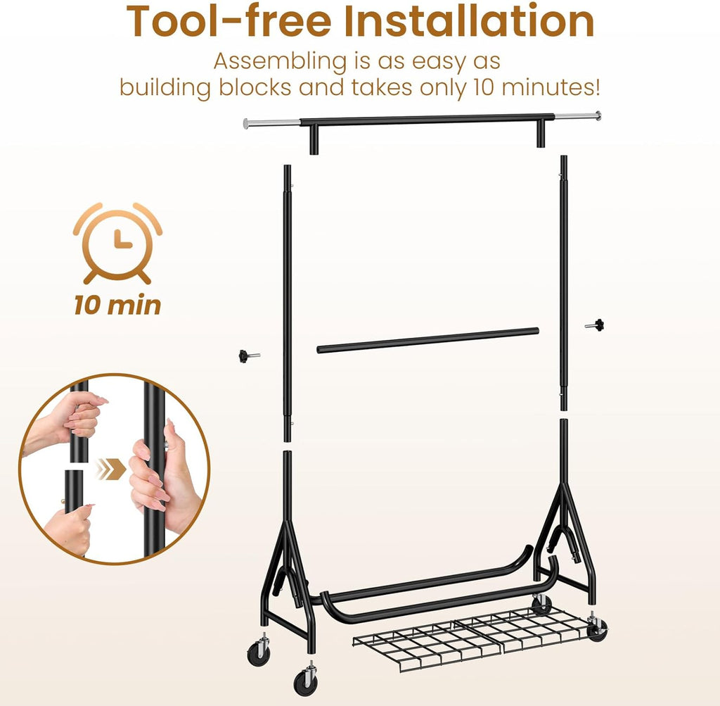 Double Rods Clothing Rack, Heavy Duty Clothes Rack for Hanging Clothes Load 560LBS, Metal Rolling Garment Racks with Wheels, Freestanding Clothes Hanging Racks, Black
