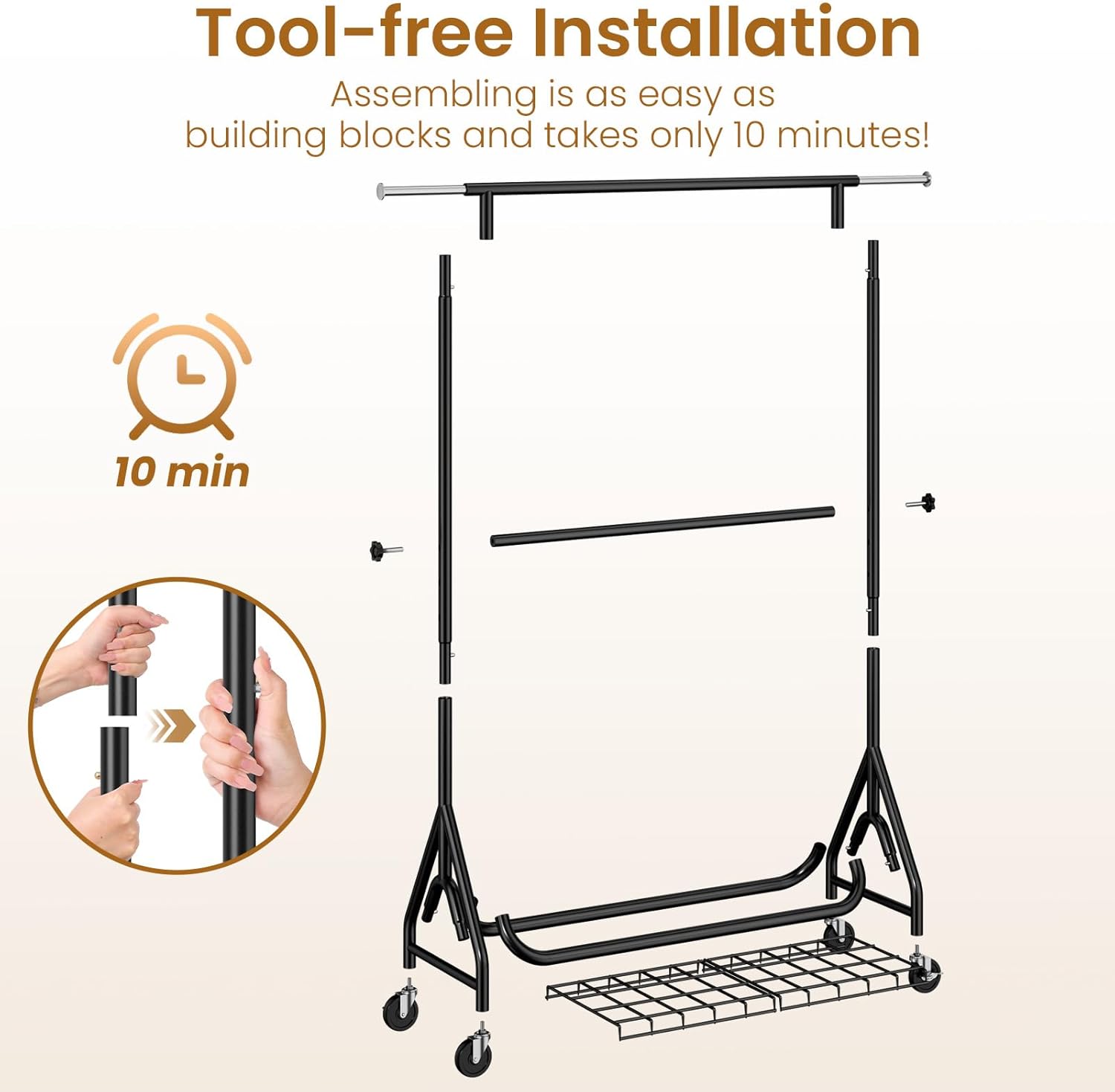 Double Rods Clothing Rack, Heavy Duty Clothes Rack for Hanging Clothes Load 560LBS, Metal Rolling Garment Racks with Wheels, Freestanding Clothes Hanging Racks, Black