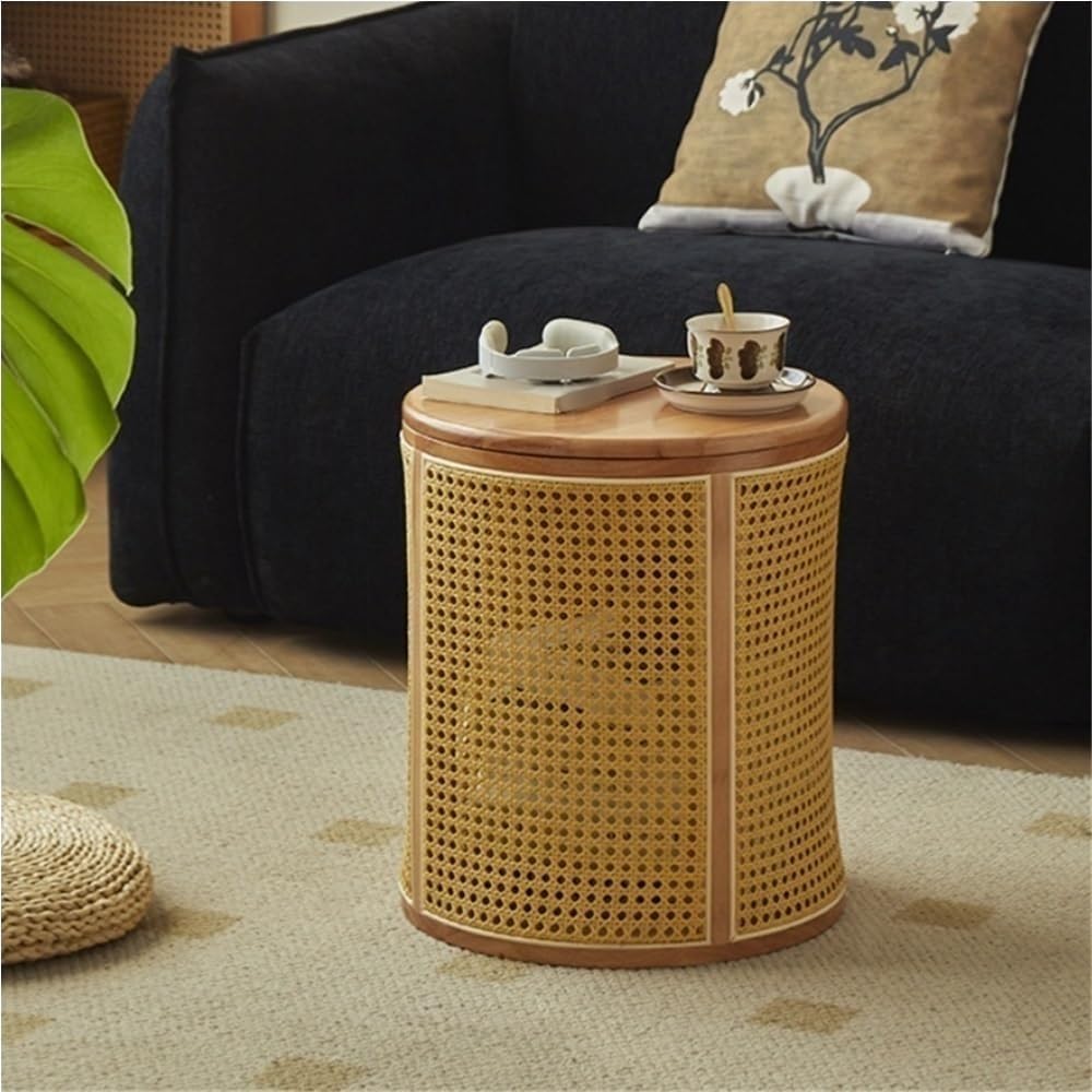 Simple Wood Side Table Handmade Round Storage Small Imitation Woven Rattan So...