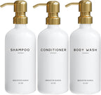 Luxury Shampoo and Conditioner Dispenser Set by Brighter Barns - Shower Soap Dispenser - Shampoo Conditioner Body Wash Dispenser & Pump - White and Gold Bathroom Accessories in Spa, Hotel, Gift (Gold)
