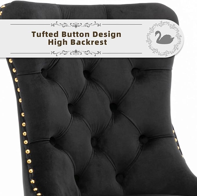 Velvet Upholstered Dining Chairs Set of 6, Modern Style Kitchen Side Chairs with Nailhead Trim and Gold Plated Leg, Metal Pulling Ring for Dining Room Living Room(Black, Set of 6)