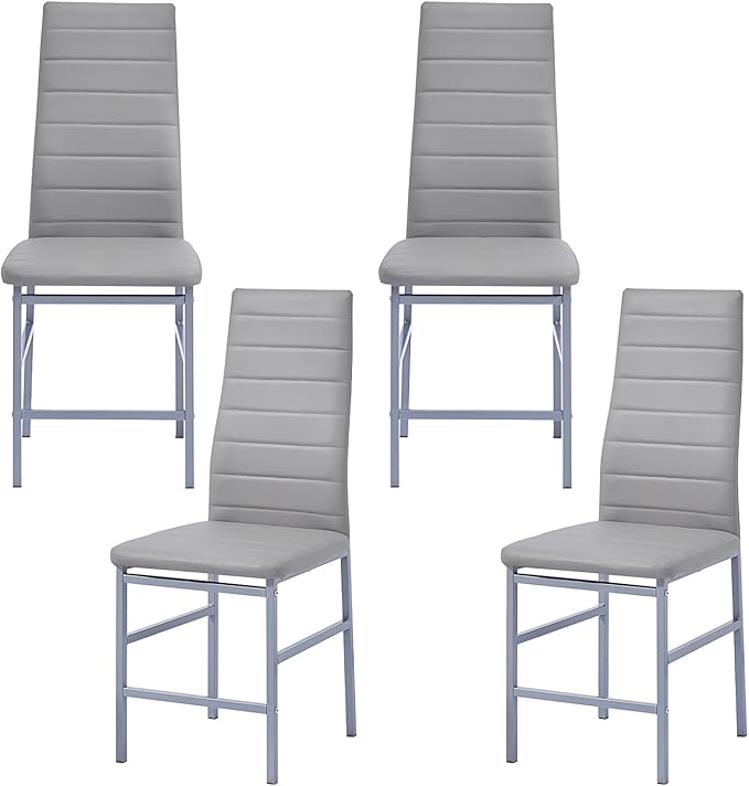 PU Dining Chairs Set of 4, Modern Kitchen & Dining Room Chairs Faux Leather Upholstered Dinner Chairs with Metal Legs for Small Space (Gray, Crossbar)