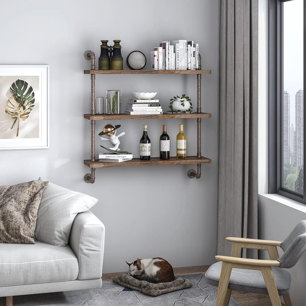 Helsin 3 Tier Industrial Pipe Shelf Rustic Wood Floating Wall Display Bookshe...