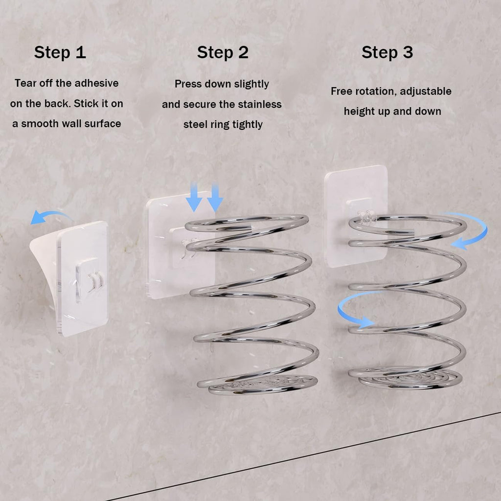 Wall-Mounted Spiral Hair Tool Holder, Adhesive Bathroom Organizer for Toothbrush and Makeup Brushes, Stainless Steel, 8 x 7 cm (2)