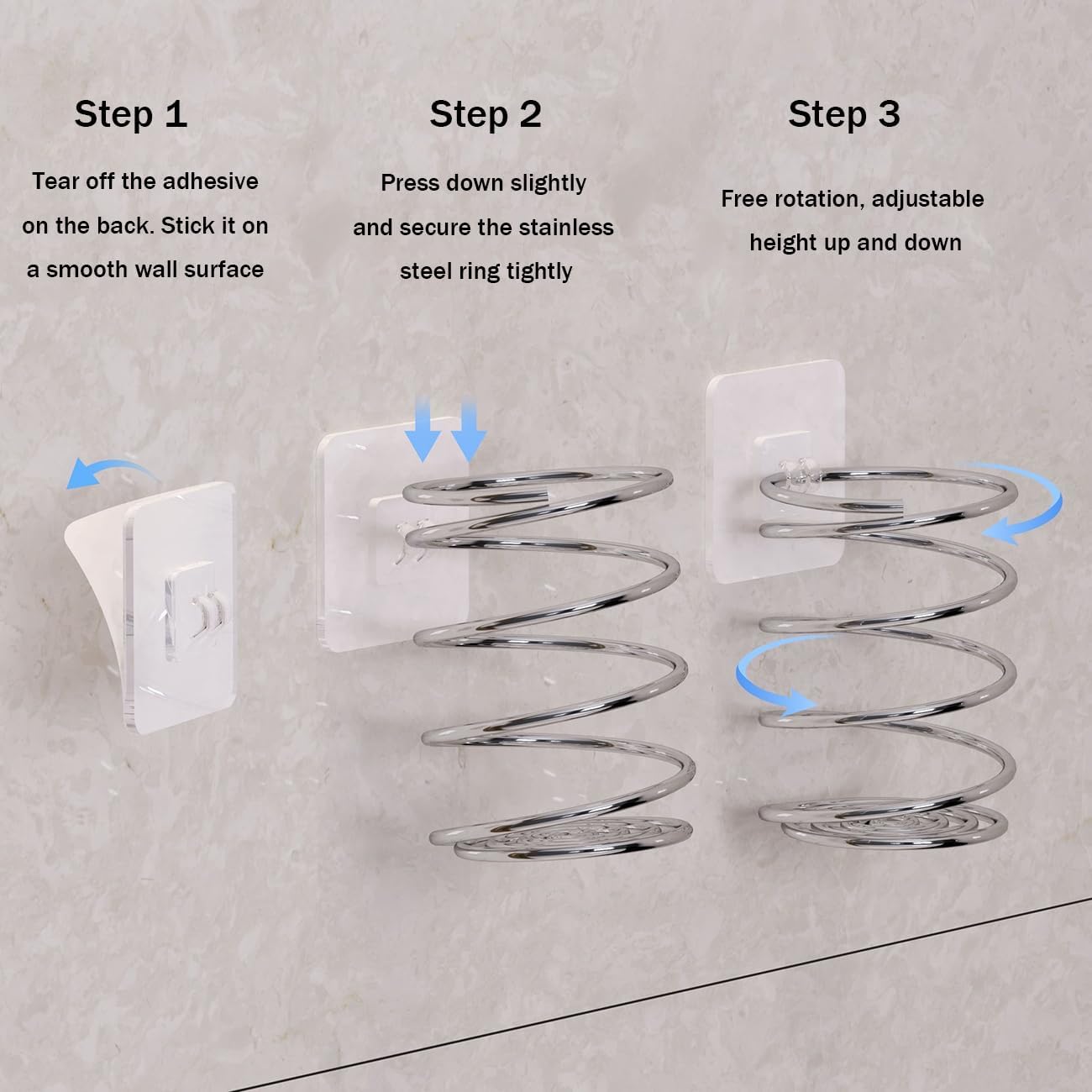 Wall-Mounted Spiral Hair Tool Holder, Adhesive Bathroom Organizer for Toothbrush and Makeup Brushes, Stainless Steel, 8 x 7 cm (2)