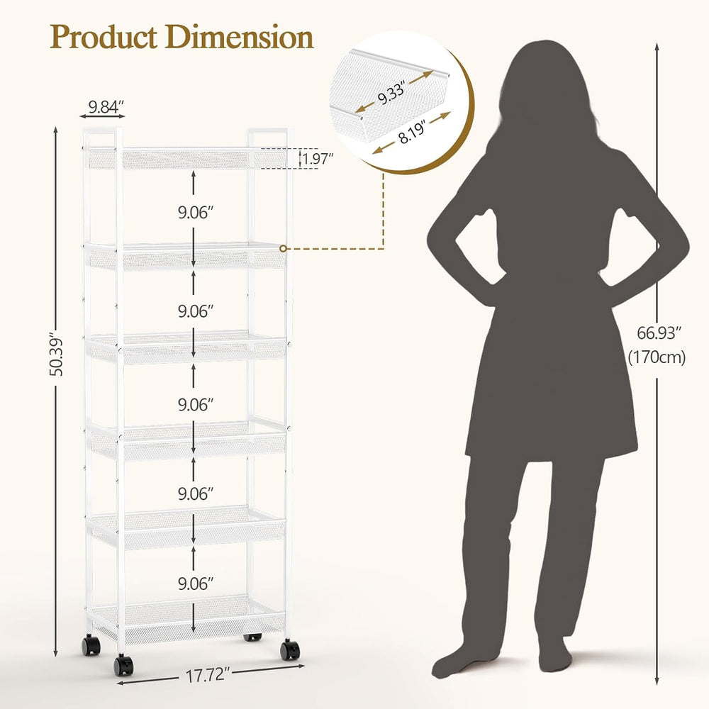 6 Tier Slim Rolling Storage Cart, Narrow Mobile Shelving Unit Organizer Utili...