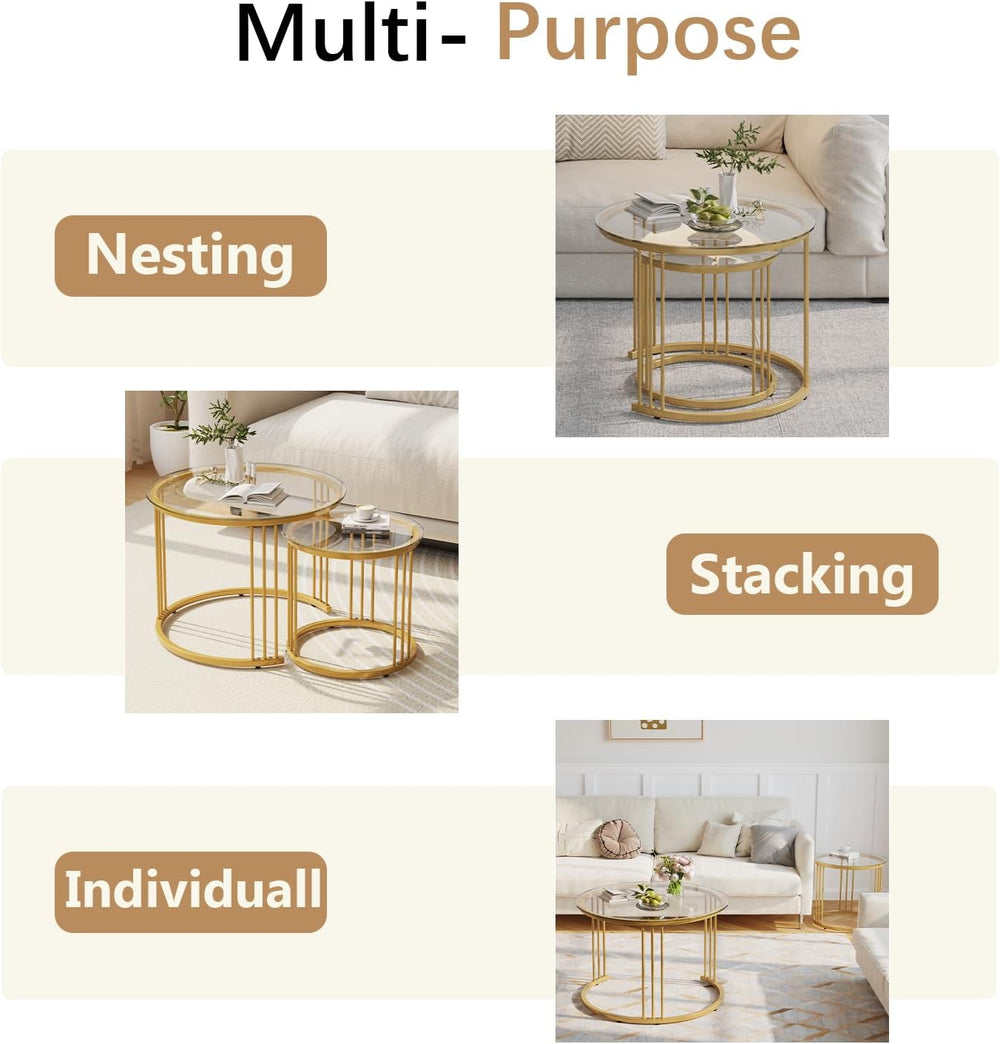Garden 4 you Nesting Coffee Table, 23.6" Round Coffee Table Set of 2, Gl...