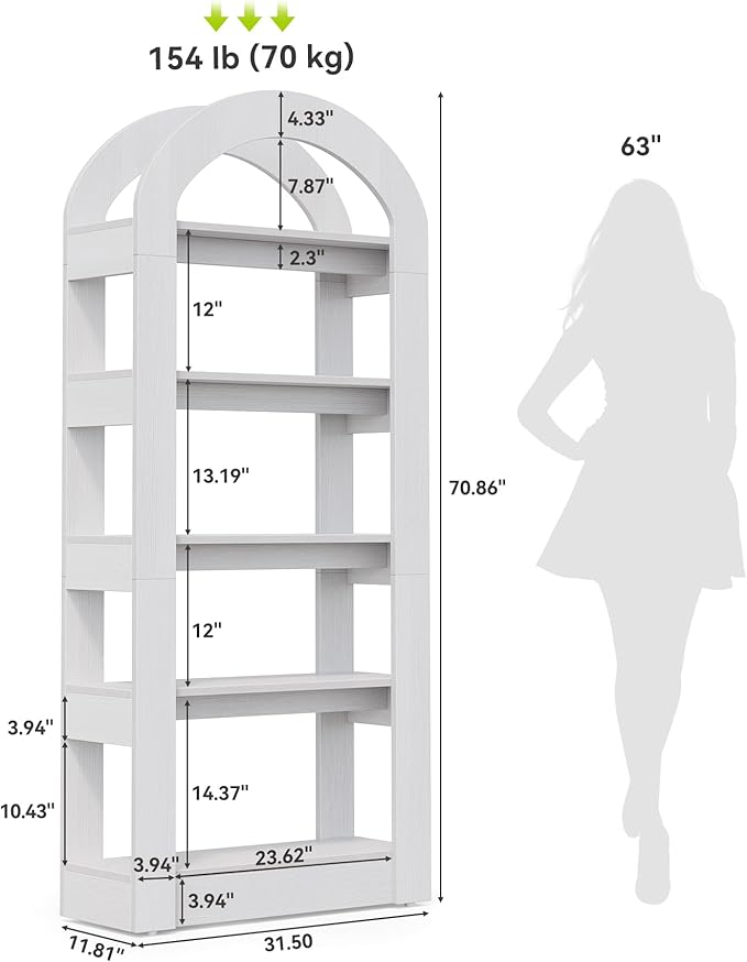 LITTLE TREE 5-Tier Bookshelf, Arch-Shaped Racks, Tall Standing Wooden Bookcase Display Shelf Modern Storage Solution, White