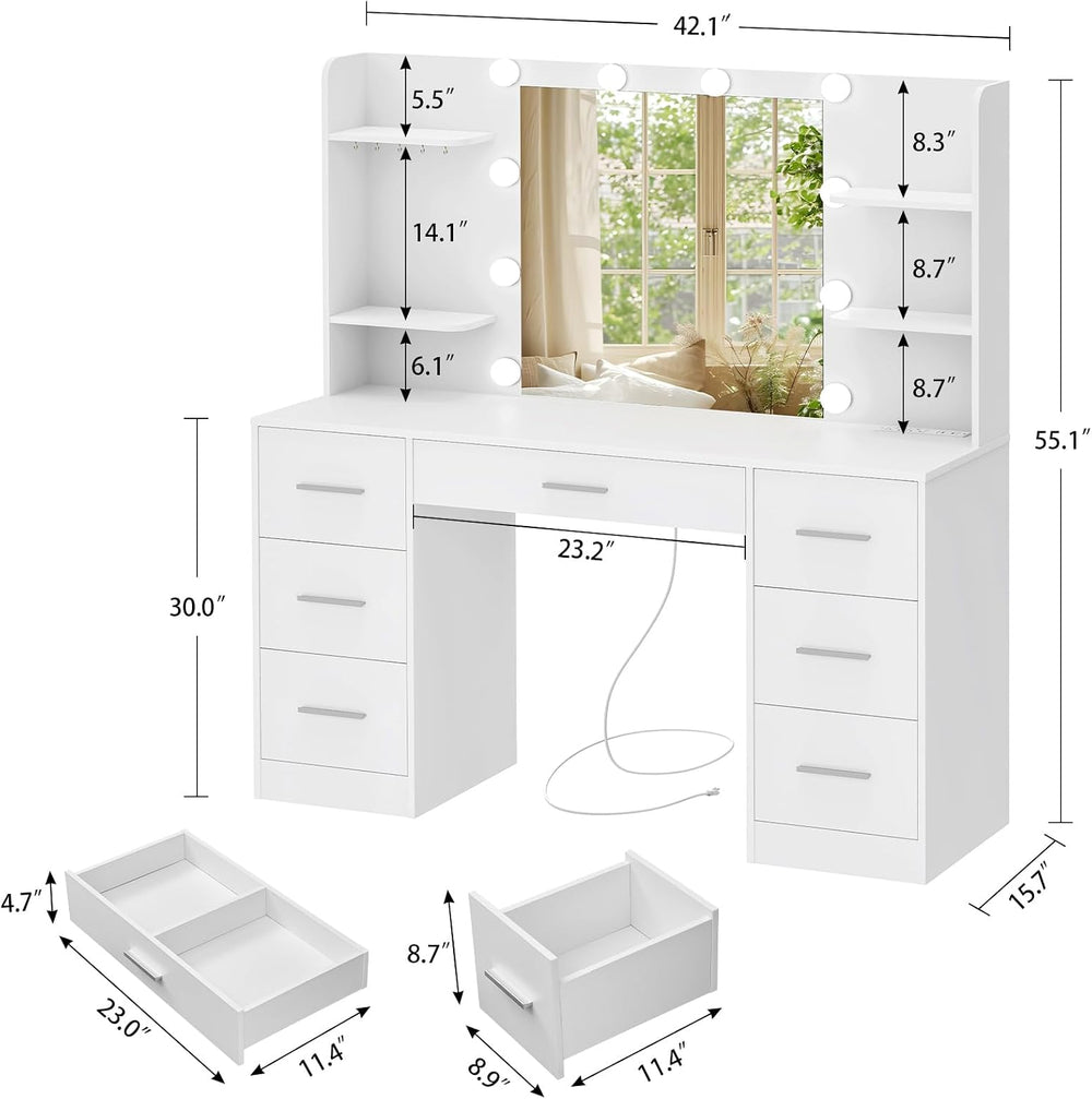 Quimoo Large Vanity Desk with LED Lighted Mirror & Power Outlet,Makeup Va...
