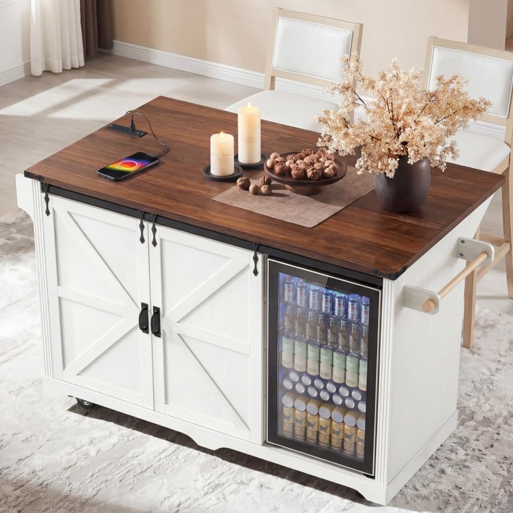 Merax 72" L White Rolling Kitchen Island with Fridge Storage Space | Cof...
