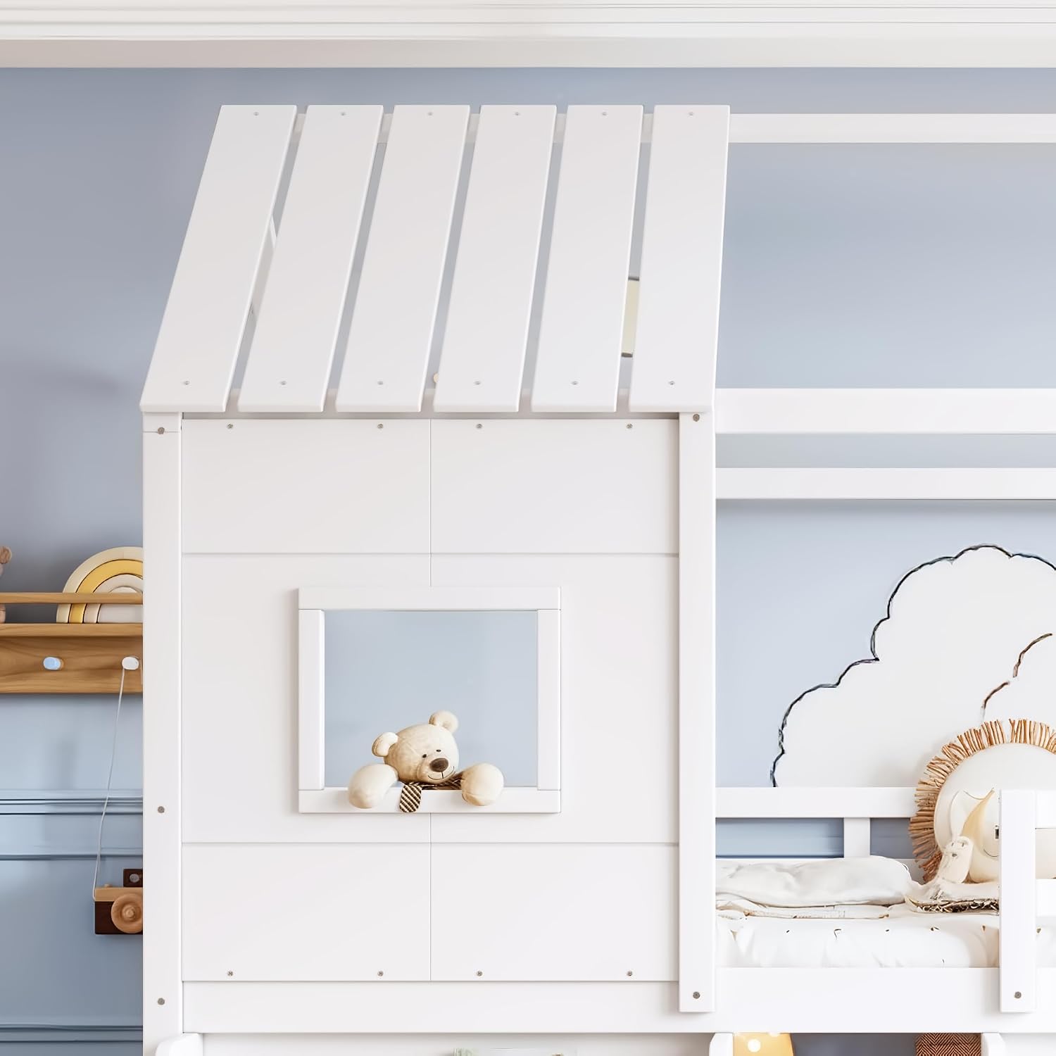 Loft Bed with Storage Shelves and Stairs，Antique White-P：Twin | House Loft Bed with Playhouse Shape Roof and Window