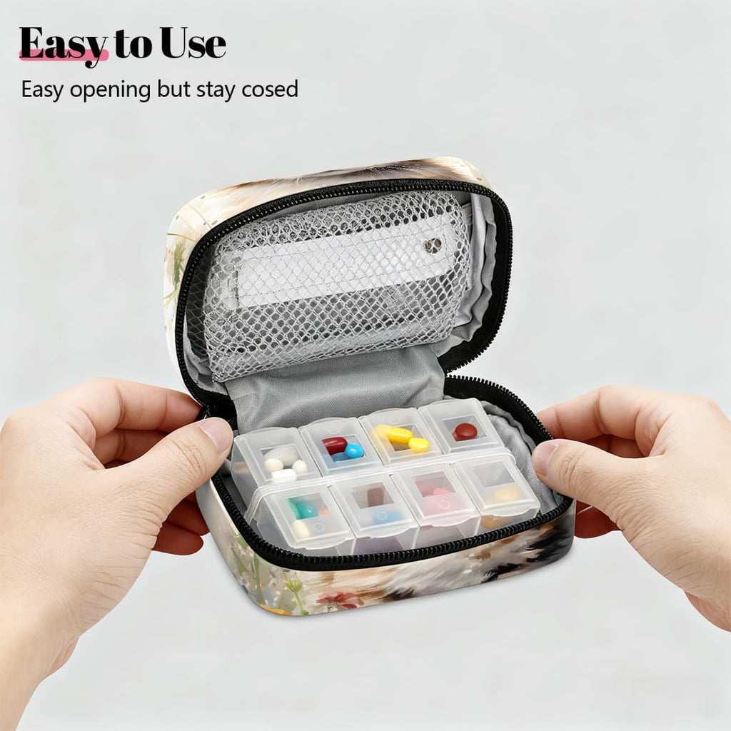 Watercolor Lovely Cat Flower Pill Organizer Travel Medicine Case with Zipper Daily Vitamin Storage Bag Portable 8 Slot Weekly Pill Box Supplement Holder for Home Office Gym Travel