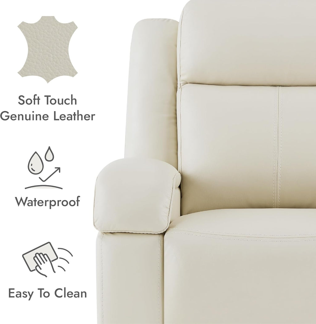 Watson & Whitely Genuine Leather Wall Hugger Power Recliner, Cream | Recliner Chair for Adults, Power Headrest, USB/Type-C Charging Ports, Electric Reclining Sofa Chair for Living Room, RV