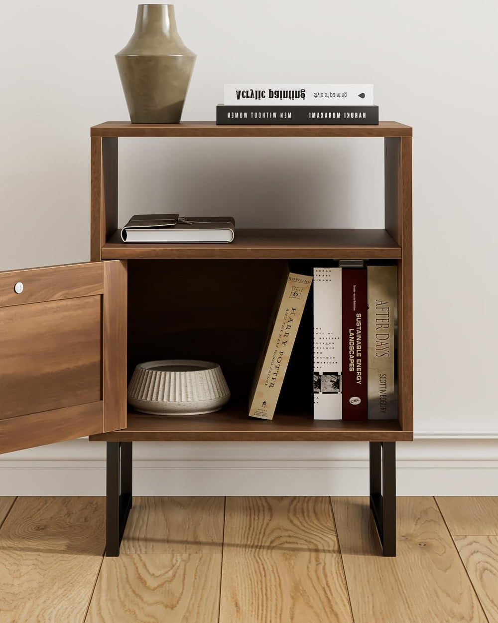 Rattan Nightstand, Boho Night Stand Farmhouse Wood Bedside Table with Storage...