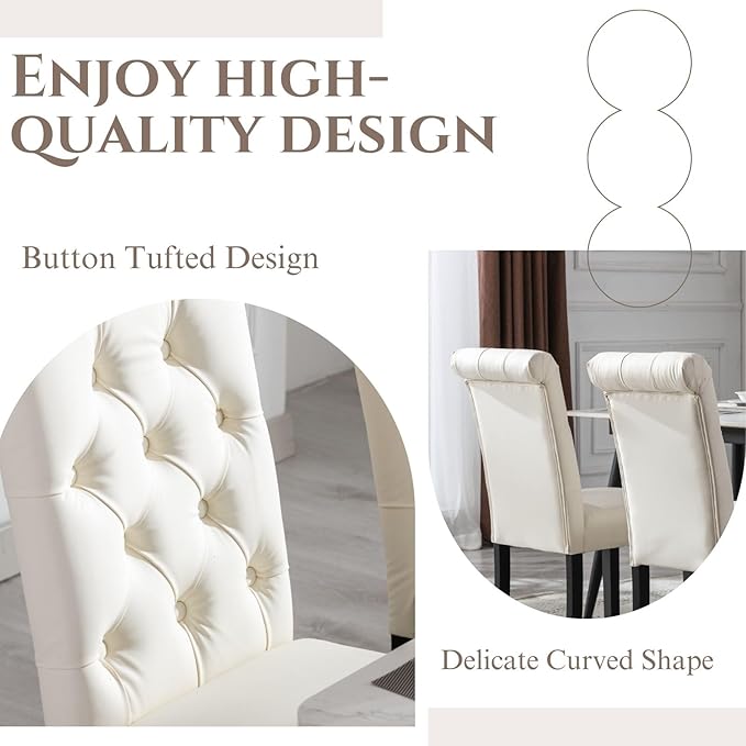 Faux Leather Dining Chairs Set of 6 Upholstered Dining Room Chairs Modern Tufted Accent Chairs Wooden Parsons Side Chairs for Home Kitchen Resturant, Cream