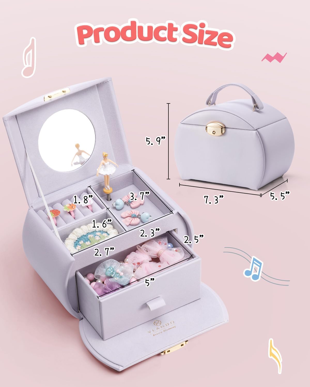 VLANDO 2 Layer Girls Musical Jewelry Box with Ballerina and Large Drawers | Rotating Dancer Plays Canon Melody, Top Dividers Store Rings and Small Treasures, Half-Moon Design, Birthday Christmas Gift
