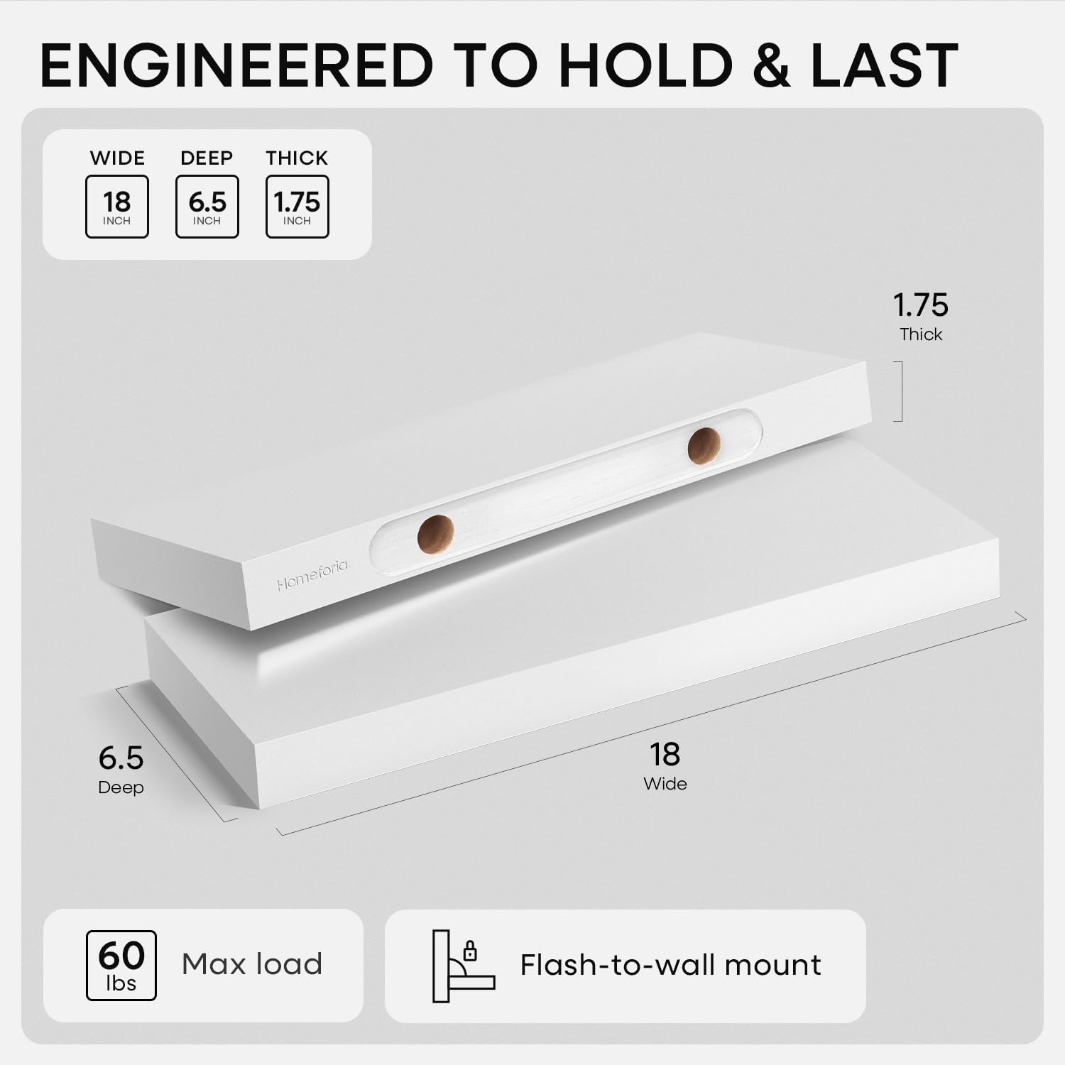 Homeforia White Floating Shelf 18 inch, High End Solid Real Wood 18inch Bathroom Floating Shelves for Wall Mounted, White Wooden 18in Floating Shelves, Heavy Duty Bracket, 18 X 6.5 X 1.75 in, Set of 3