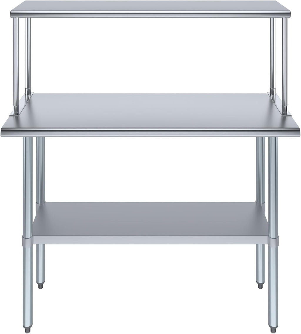 Stainless Steel Work Table with Wide Single Tier Overshelf | Metal Kitchen Prep Table & Shelving Combo (18" x 48" Work Table + 12" Overshelf)