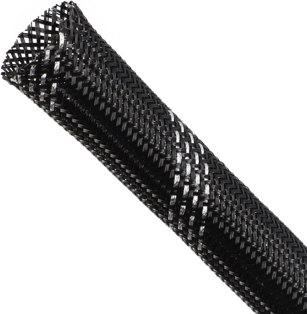 Braided Cable Sleeving, PET Expandable Braided Cable Sleeve, Flexible Mesh Sleeving Cord Management for Audio Video and Other Home Device, Cord Protector from Pets (Black Silver, 1/2" x 25ft)